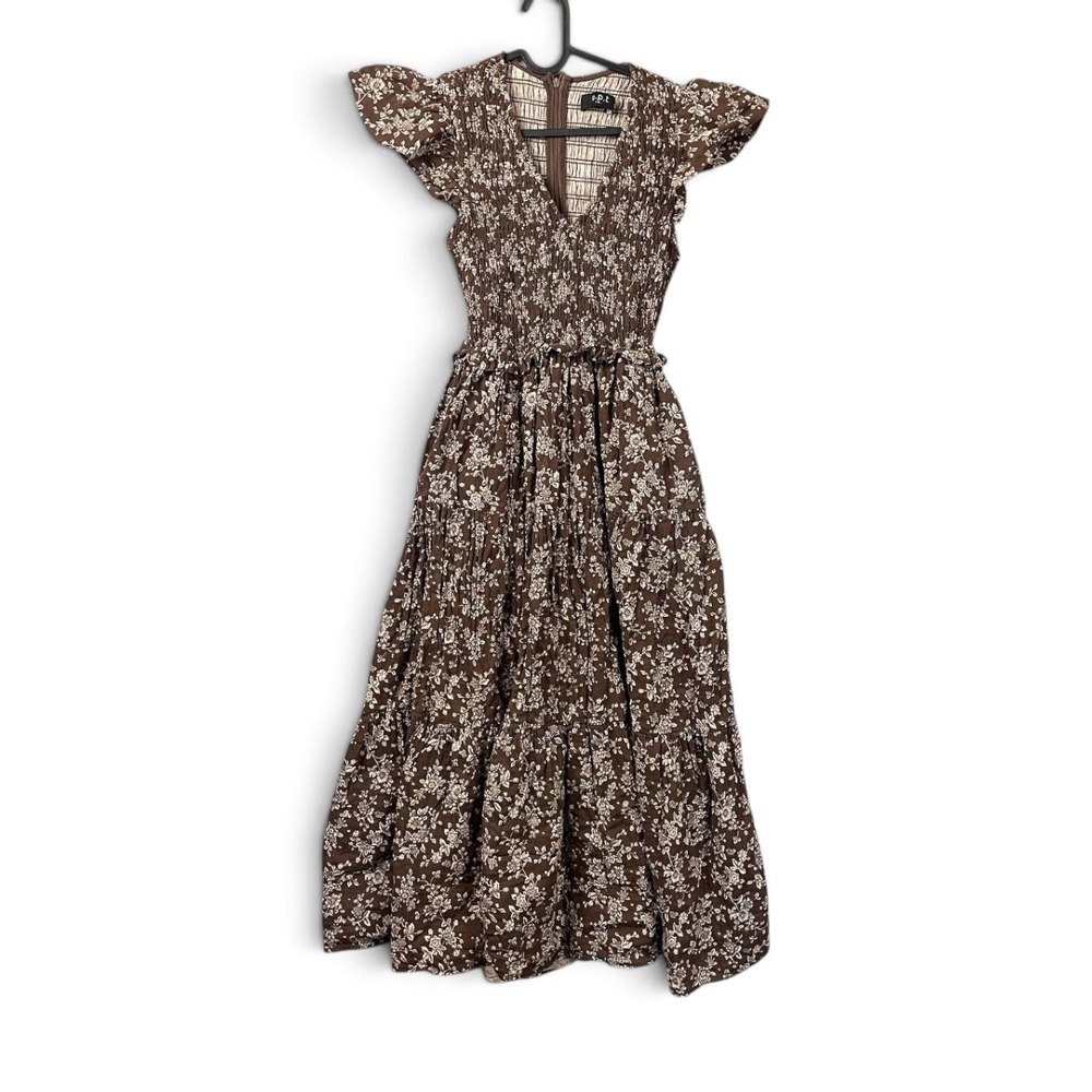 O.P.T. Brown Floral Smocked Cotton Tiered Maxi Dress Prairie Medium